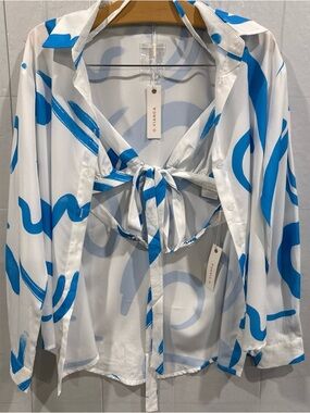 O.Vianca NWT White Blue Print Blouse & Bra Set Sz Small